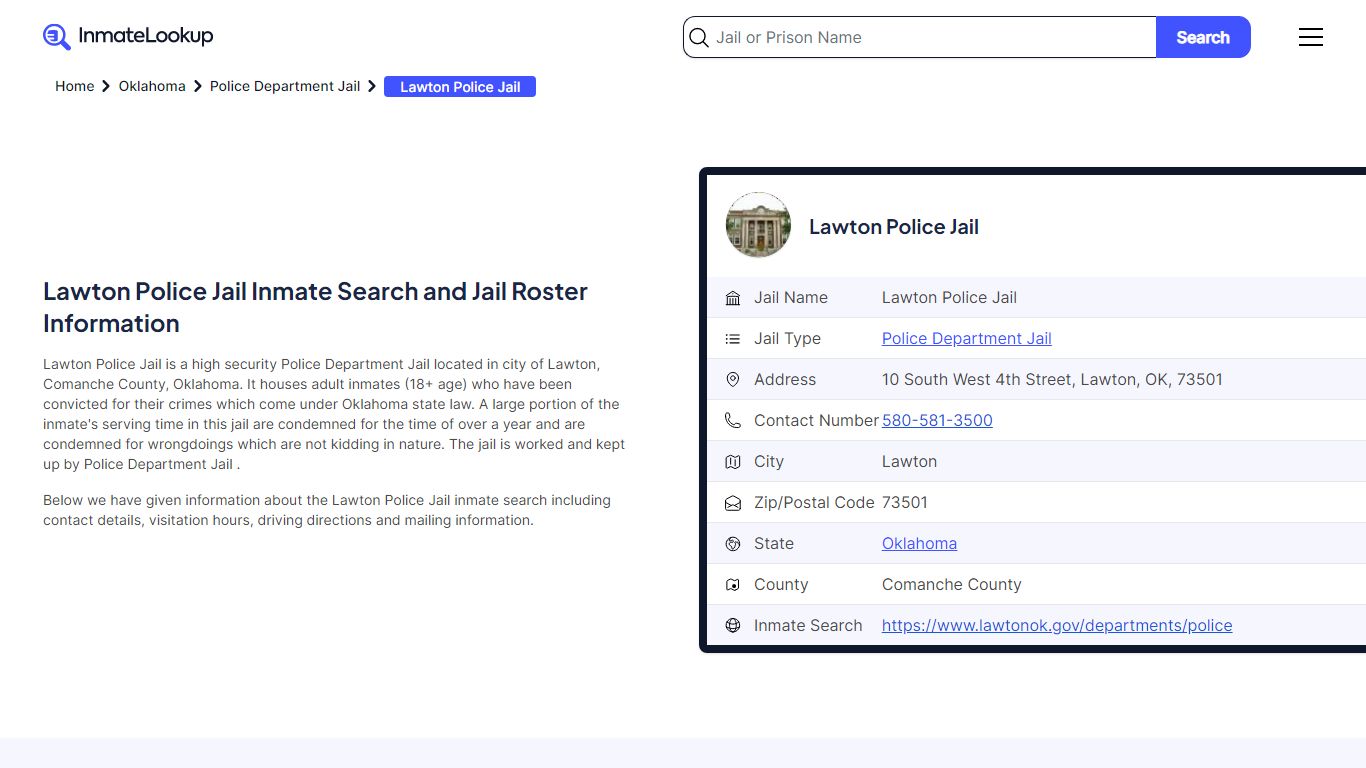 Lawton Police Jail Inmate Search and Jail Roster Information